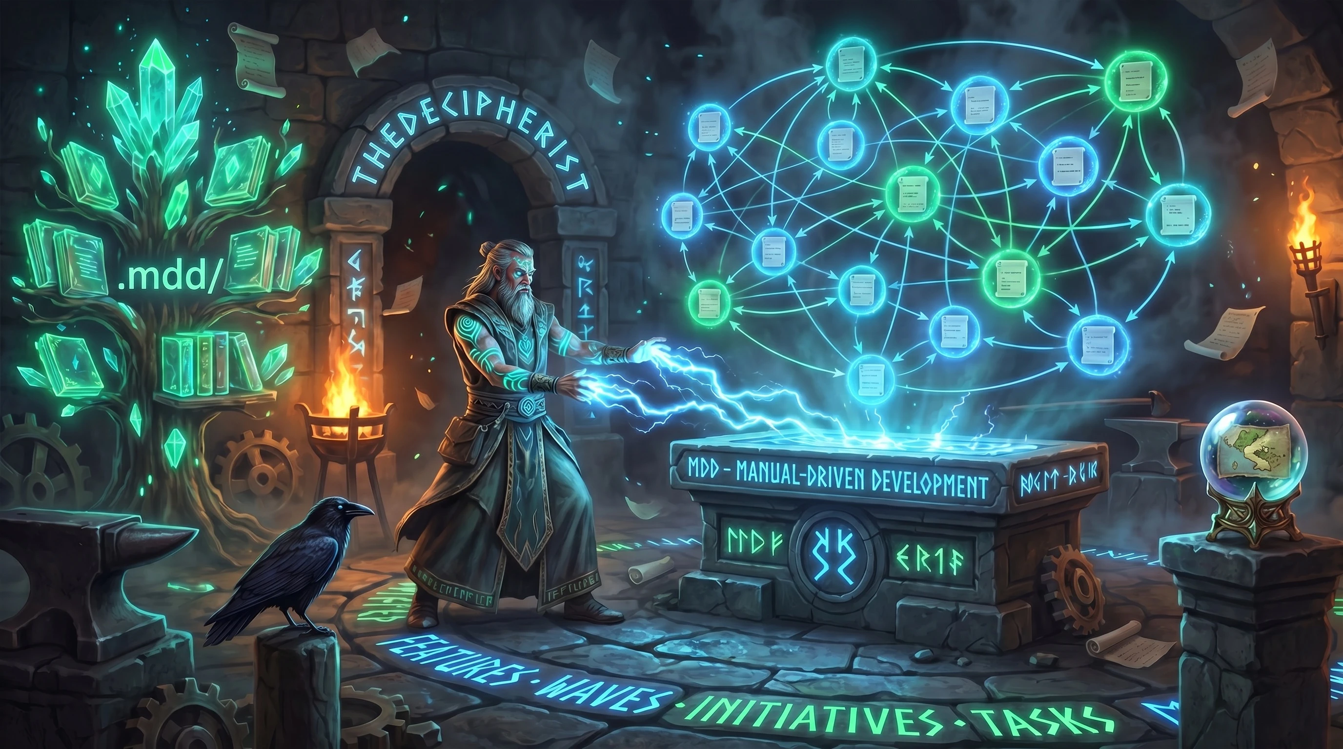 MDD hero image - electric teal crystals and neon green runes on a dark background
